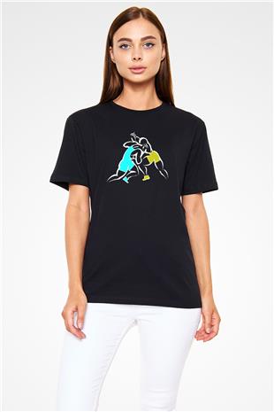 Güreş - Wrestle Baskılı Unisex Siyah Tişört - Tshirt