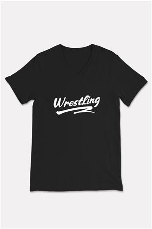 Güreş - Wrestle Baskılı Unisex Siyah V Yaka Tişört