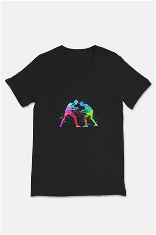 Güreş - Wrestle Baskılı Unisex Siyah V Yaka Tişört