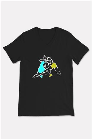 Güreş - Wrestle Baskılı Unisex Siyah V Yaka Tişört