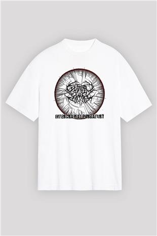 Guttural Slug Baskılı Beyaz Unisex Oversize Tişört - Tshirt