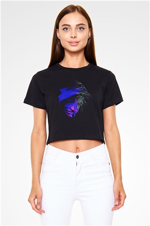 Hacker Baskılı Siyah Crop Top Kadın Tişört - Tshirt