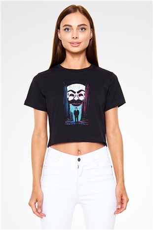 Hacker Baskılı Siyah Crop Top Kadın Tişört - Tshirt