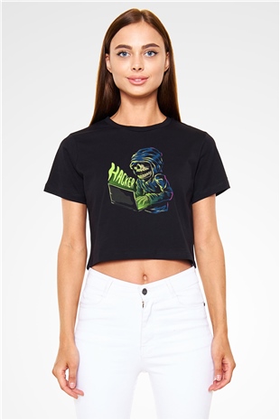 Hacker Baskılı Siyah Crop Top Kadın Tişört - Tshirt