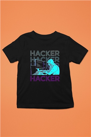 Hacker Baskılı Unisex Siyah Çocuk Tişört - Tshirt