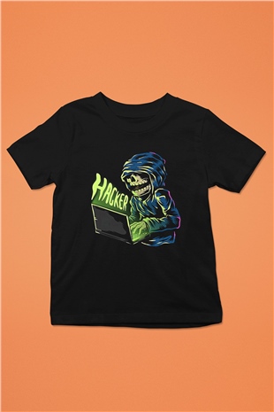 Hacker Baskılı Unisex Siyah Çocuk Tişört - Tshirt