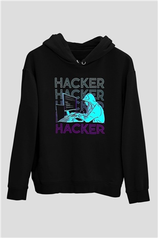 Hacker Baskılı Unisex Siyah Hoodie