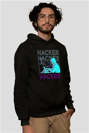 Hacker Baskılı Unisex Siyah Hoodie