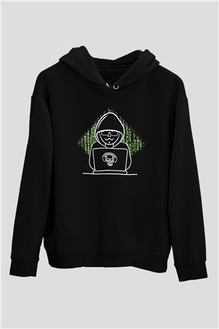 Hacker Baskılı Unisex Siyah Hoodie
