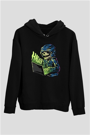 Hacker Baskılı Unisex Siyah Hoodie