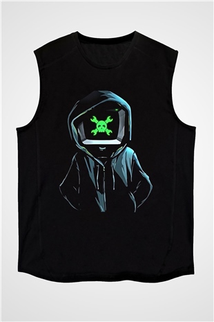 Hacker Baskılı Unisex Siyah Kolsuz Tişört - Tshirt