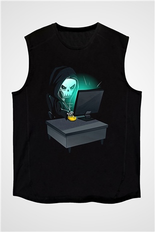 Hacker Baskılı Unisex Siyah Kolsuz Tişört - Tshirt