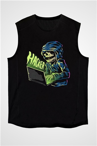 Hacker Baskılı Unisex Siyah Kolsuz Tişört - Tshirt