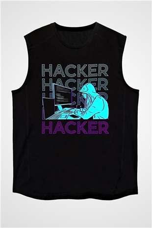 Hacker Baskılı Unisex Siyah Kolsuz Tişört - Tshirt