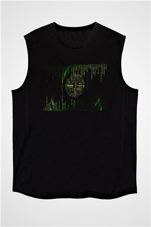 Hacker Baskılı Unisex Siyah Kolsuz Tişört - Tshirt