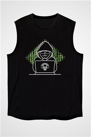 Hacker Baskılı Unisex Siyah Kolsuz Tişört - Tshirt