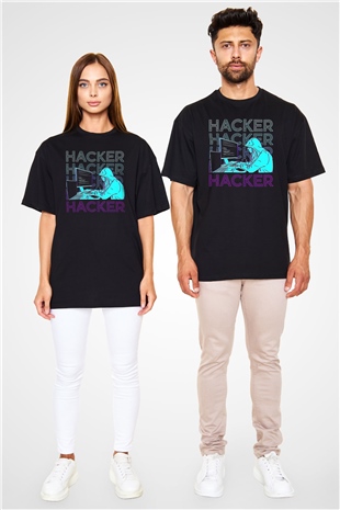 Hacker Baskılı Unisex Siyah Oversize Tişört - Tshirt