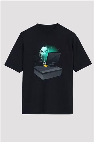 Hacker Baskılı Unisex Siyah Oversize Tişört - Tshirt