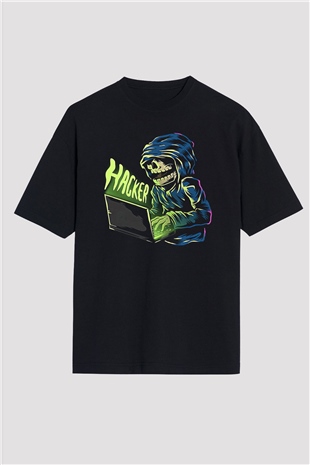 Hacker Baskılı Unisex Siyah Oversize Tişört - Tshirt