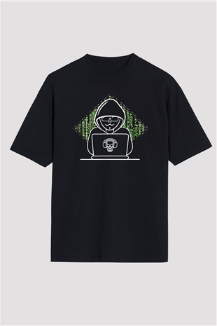 Hacker Baskılı Unisex Siyah Oversize Tişört - Tshirt