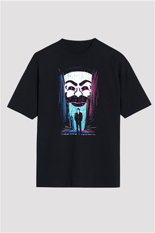 Hacker Baskılı Unisex Siyah Oversize Tişört - Tshirt