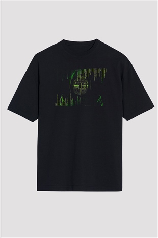 Hacker Baskılı Unisex Siyah Oversize Tişört - Tshirt