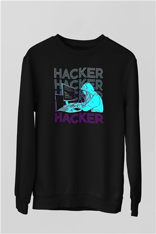 Hacker Baskılı Unisex Siyah Sweatshirt