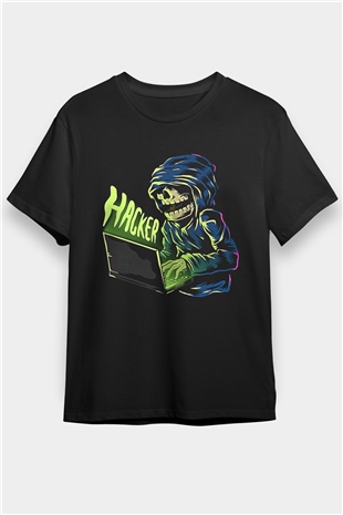Hacker Baskılı Unisex Siyah Tişört - Tshirt