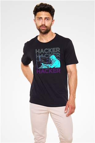 Hacker Baskılı Unisex Siyah Tişört - Tshirt
