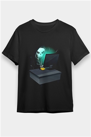 Hacker Baskılı Unisex Siyah Tişört - Tshirt