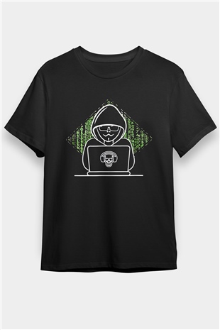 Hacker Baskılı Unisex Siyah Tişört - Tshirt