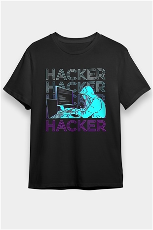 Hacker Baskılı Unisex Siyah Tişört - Tshirt