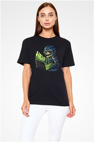 Hacker Baskılı Unisex Siyah Tişört - Tshirt