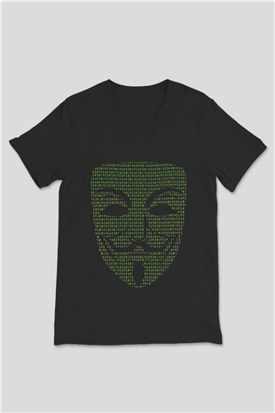 Hacker Baskılı Unisex Siyah V Yaka Tişört - Tshirt