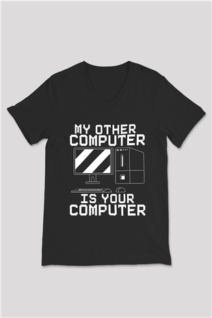 Hacker Baskılı Unisex Siyah V Yaka Tişört - Tshirt
