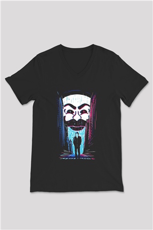 Hacker Baskılı Unisex Siyah V Yaka Tişört - Tshirt