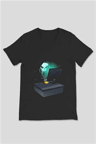 Hacker Baskılı Unisex Siyah V Yaka Tişört - Tshirt