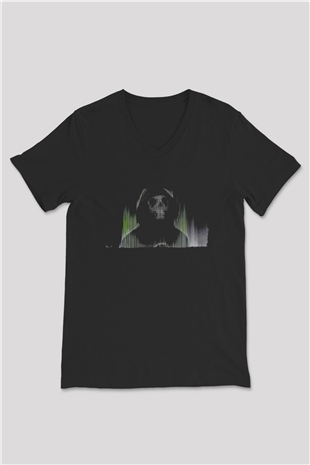 Hacker Baskılı Unisex Siyah V Yaka Tişört - Tshirt