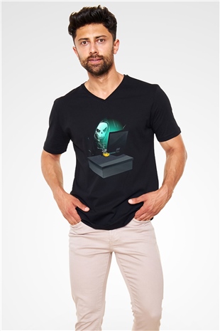 Hacker Baskılı Unisex Siyah V Yaka Tişört - Tshirt