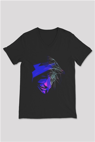 Hacker Baskılı Unisex Siyah V Yaka Tişört - Tshirt