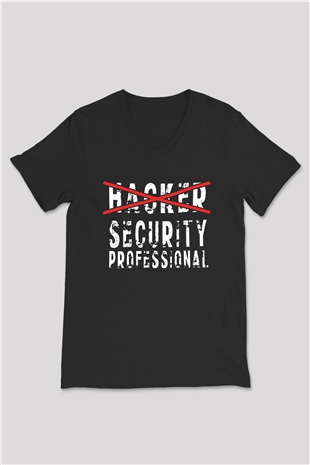 Hacker Baskılı Unisex Siyah V Yaka Tişört - Tshirt