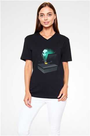 Hacker Baskılı Unisex Siyah V Yaka Tişört - Tshirt