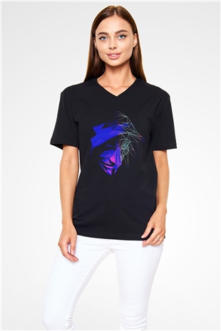 Hacker Baskılı Unisex Siyah V Yaka Tişört - Tshirt