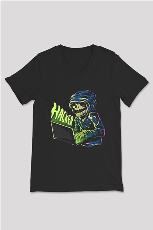 Hacker Baskılı Unisex Siyah V Yaka Tişört - Tshirt