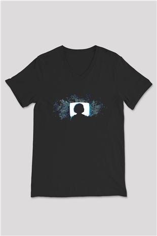 Hacker Baskılı Unisex Siyah V Yaka Tişört - Tshirt