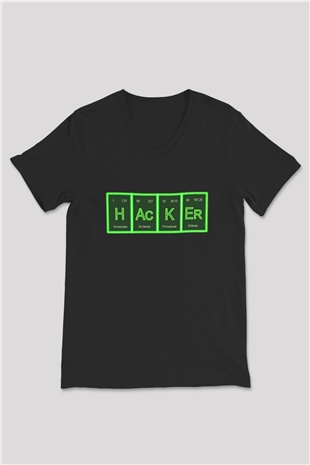 Hacker Baskılı Unisex Siyah V Yaka Tişört - Tshirt