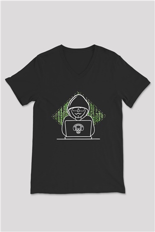 Hacker Baskılı Unisex Siyah V Yaka Tişört - Tshirt