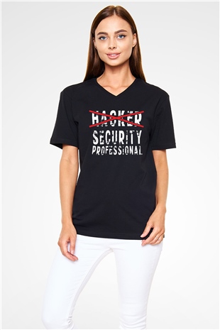 Hacker Baskılı Unisex Siyah V Yaka Tişört - Tshirt