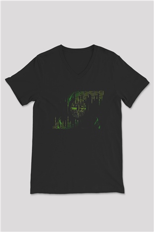 Hacker Baskılı Unisex Siyah V Yaka Tişört - Tshirt