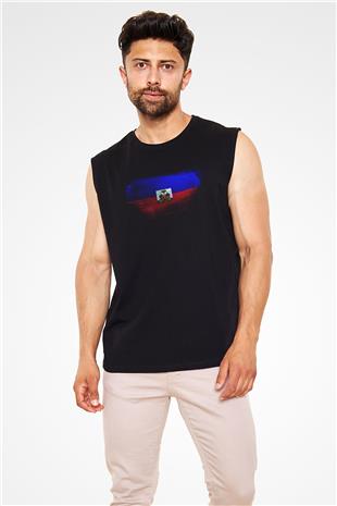 Haiti Bayrağı Baskılı Unisex Siyah Kolsuz Tişört